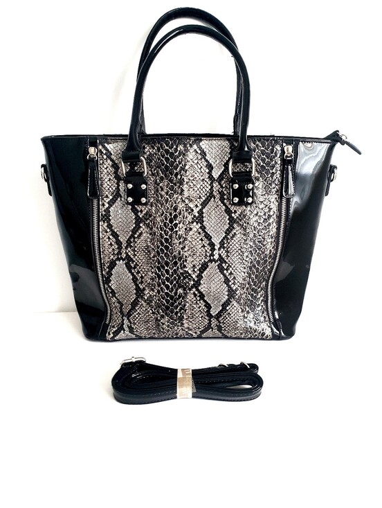 Bianca Nygard Handbags - Elegant Black Patent and Snake Print Shoulder Bag With Sholder Strap